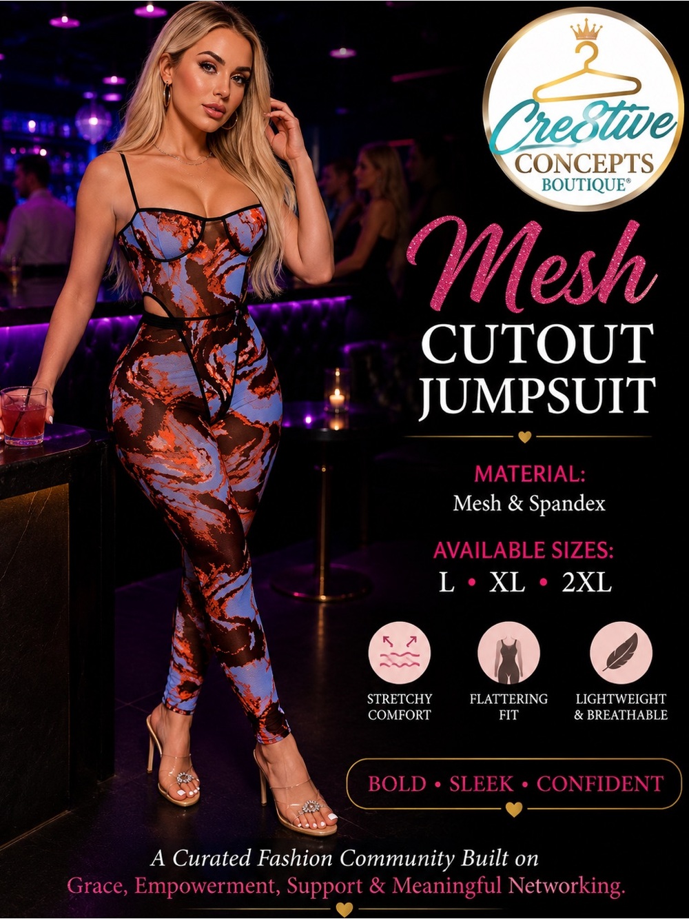 2Pc Mesh Cutout Body Suit w/Matching Bottoms